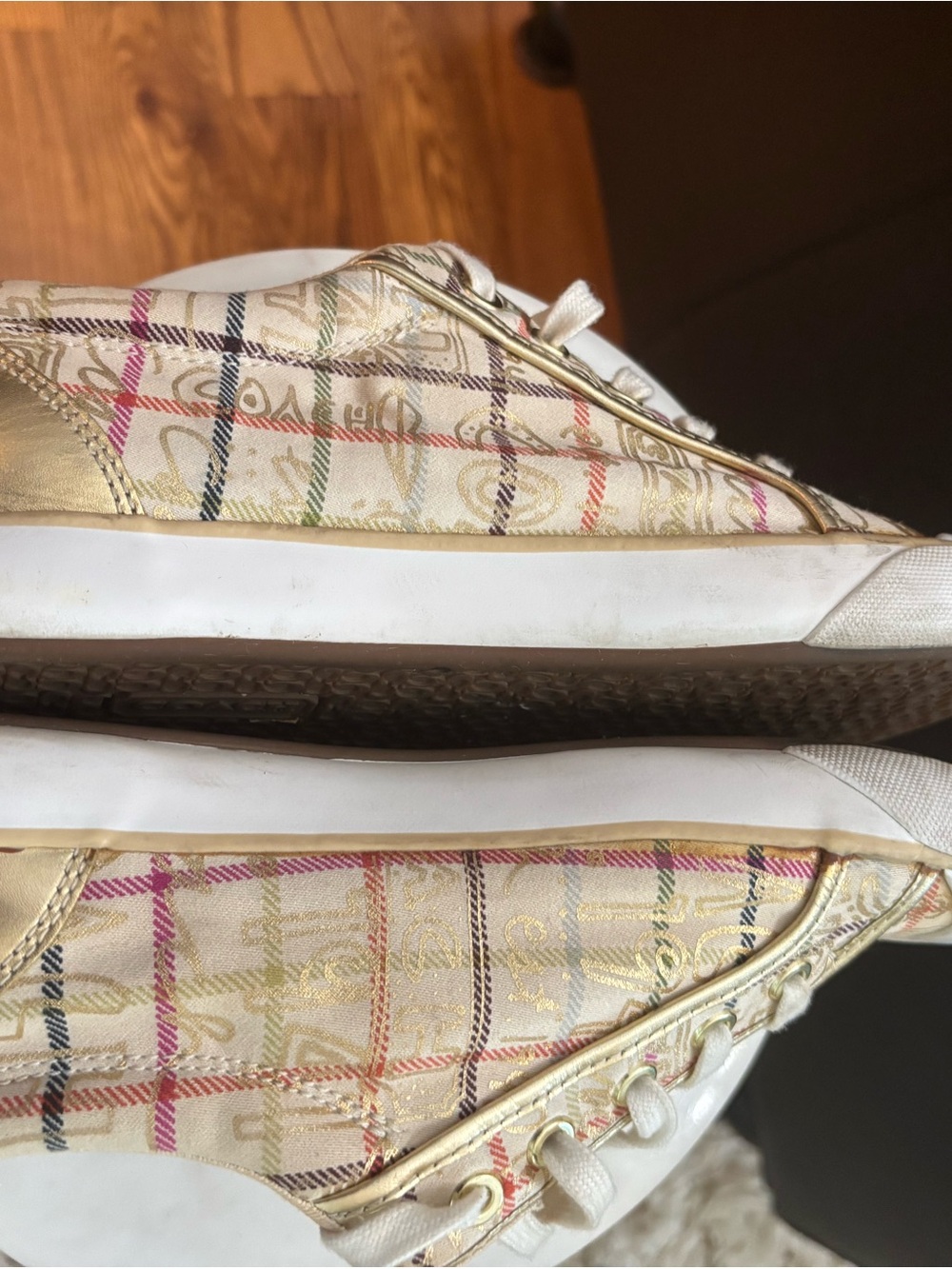 Coach Barrett Cream Plaid Low-Top Sneakers with Multicolor Gold Accents - Picture 6 of 9